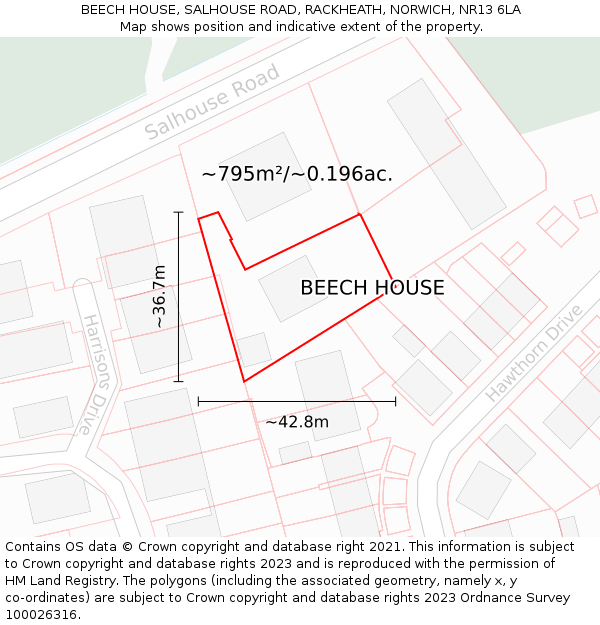 BEECH HOUSE, SALHOUSE ROAD, RACKHEATH, NORWICH, NR13 6LA: Plot and title map