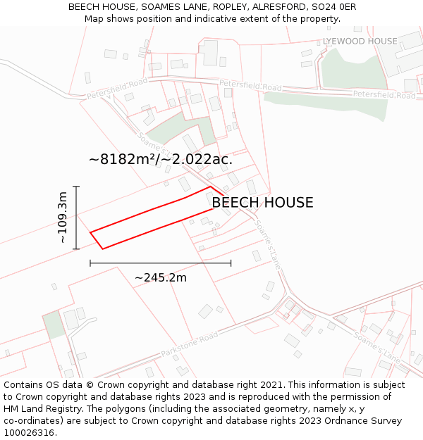 BEECH HOUSE, SOAMES LANE, ROPLEY, ALRESFORD, SO24 0ER: Plot and title map