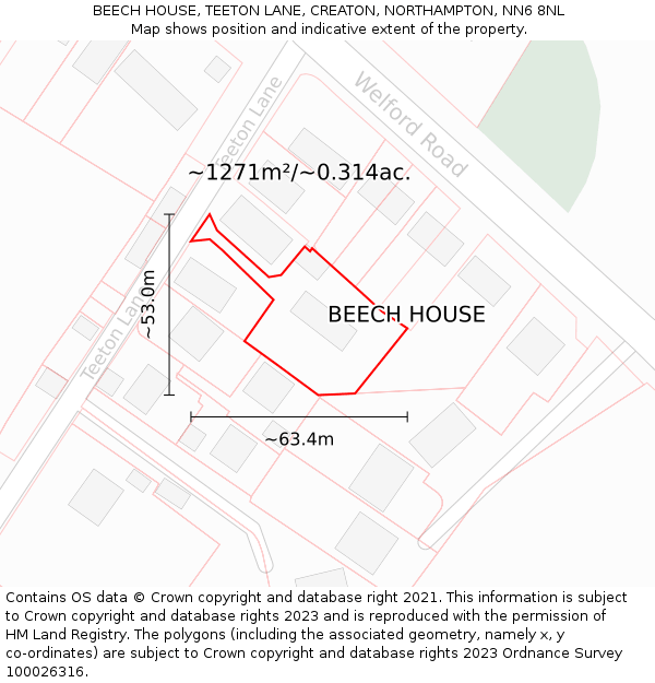 BEECH HOUSE, TEETON LANE, CREATON, NORTHAMPTON, NN6 8NL: Plot and title map