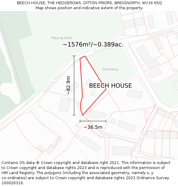 BEECH HOUSE, THE HEDGEROWS, DITTON PRIORS, BRIDGNORTH, WV16 6SQ: Plot and title map