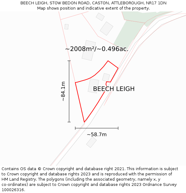 BEECH LEIGH, STOW BEDON ROAD, CASTON, ATTLEBOROUGH, NR17 1DN: Plot and title map