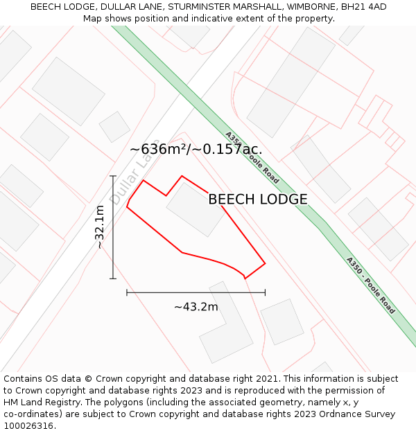 BEECH LODGE, DULLAR LANE, STURMINSTER MARSHALL, WIMBORNE, BH21 4AD: Plot and title map