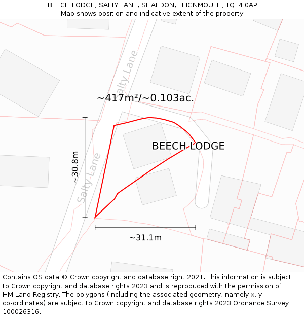BEECH LODGE, SALTY LANE, SHALDON, TEIGNMOUTH, TQ14 0AP: Plot and title map
