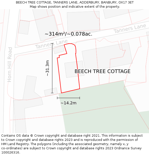 BEECH TREE COTTAGE, TANNERS LANE, ADDERBURY, BANBURY, OX17 3ET: Plot and title map