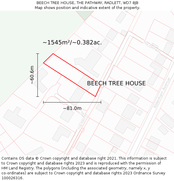 BEECH TREE HOUSE, THE PATHWAY, RADLETT, WD7 8JB: Plot and title map