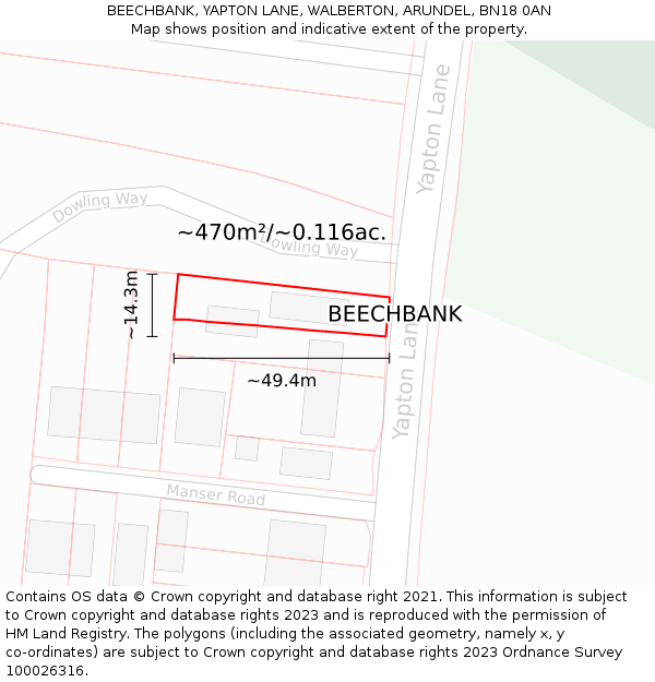 BEECHBANK, YAPTON LANE, WALBERTON, ARUNDEL, BN18 0AN: Plot and title map