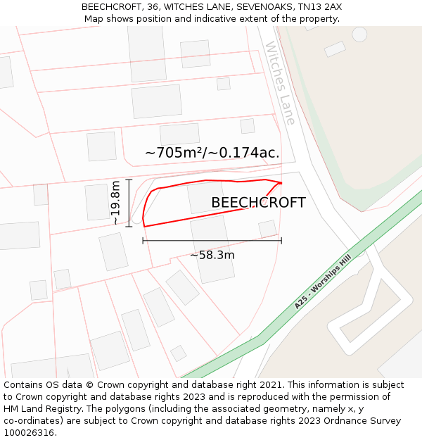 BEECHCROFT, 36, WITCHES LANE, SEVENOAKS, TN13 2AX: Plot and title map