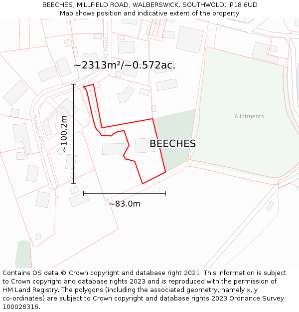 BEECHES, MILLFIELD ROAD, WALBERSWICK, SOUTHWOLD, IP18 6UD: Plot and title map
