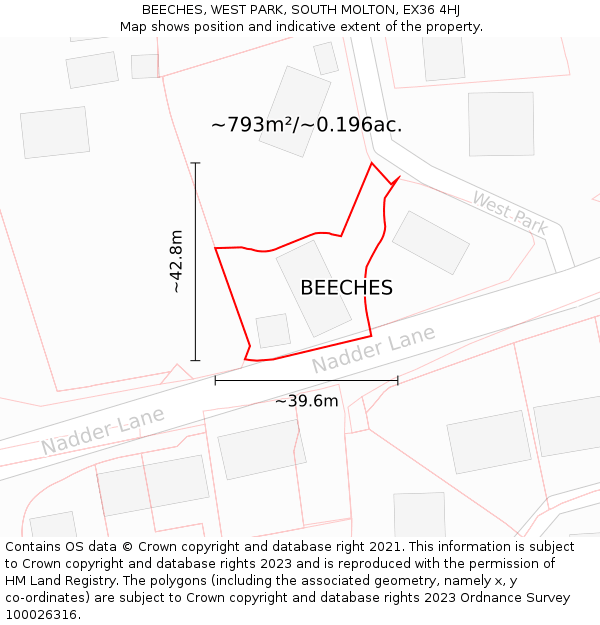 BEECHES, WEST PARK, SOUTH MOLTON, EX36 4HJ: Plot and title map