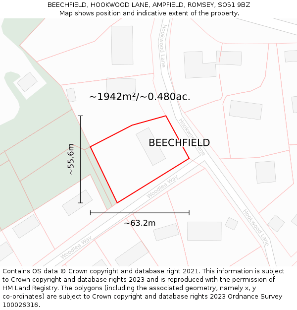 BEECHFIELD, HOOKWOOD LANE, AMPFIELD, ROMSEY, SO51 9BZ: Plot and title map