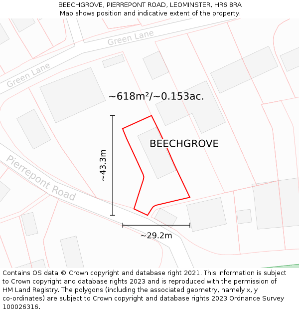 BEECHGROVE, PIERREPONT ROAD, LEOMINSTER, HR6 8RA: Plot and title map