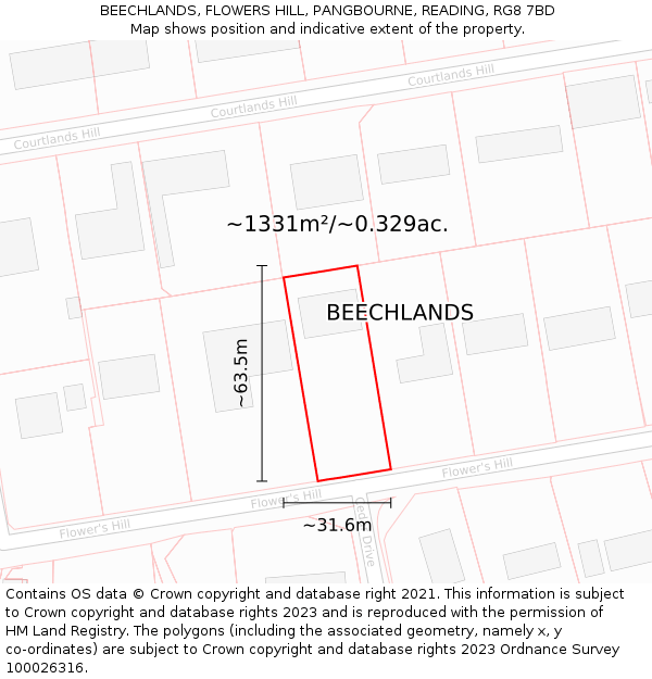 BEECHLANDS, FLOWERS HILL, PANGBOURNE, READING, RG8 7BD: Plot and title map