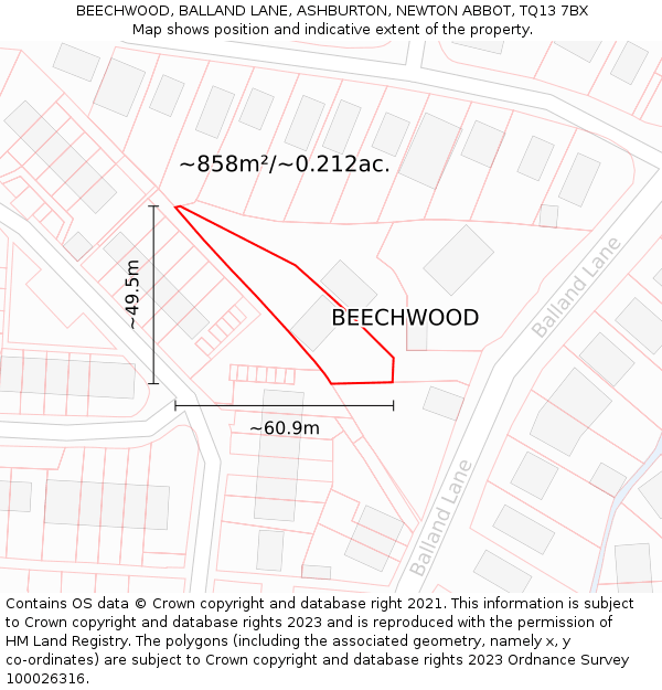 BEECHWOOD, BALLAND LANE, ASHBURTON, NEWTON ABBOT, TQ13 7BX: Plot and title map