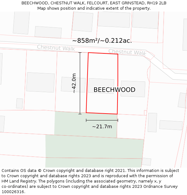 BEECHWOOD, CHESTNUT WALK, FELCOURT, EAST GRINSTEAD, RH19 2LB: Plot and title map