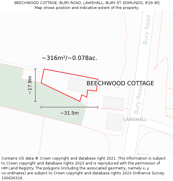 BEECHWOOD COTTAGE, BURY ROAD, LAWSHALL, BURY ST. EDMUNDS, IP29 4PJ: Plot and title map