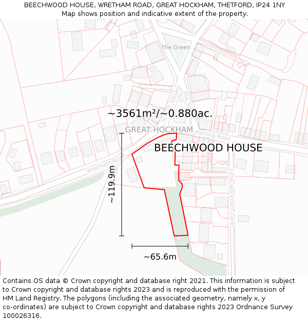 BEECHWOOD HOUSE, WRETHAM ROAD, GREAT HOCKHAM, THETFORD, IP24 1NY: Plot and title map