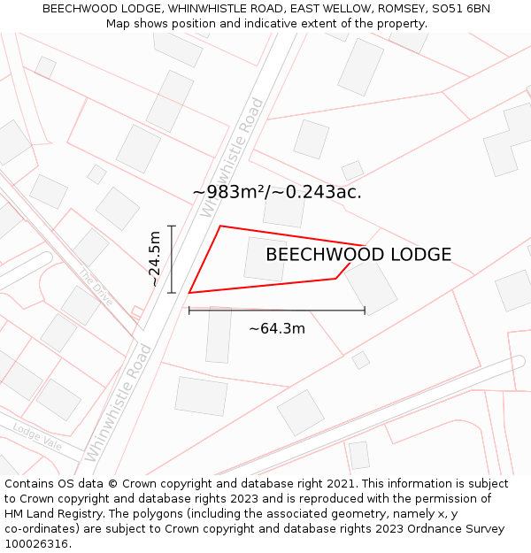 BEECHWOOD LODGE, WHINWHISTLE ROAD, EAST WELLOW, ROMSEY, SO51 6BN: Plot and title map