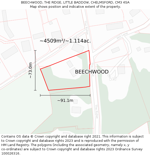 BEECHWOOD, THE RIDGE, LITTLE BADDOW, CHELMSFORD, CM3 4SA: Plot and title map