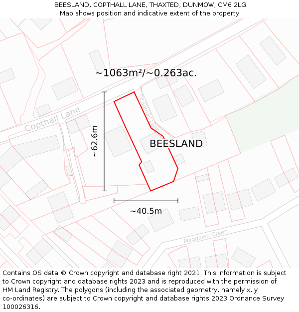 BEESLAND, COPTHALL LANE, THAXTED, DUNMOW, CM6 2LG: Plot and title map