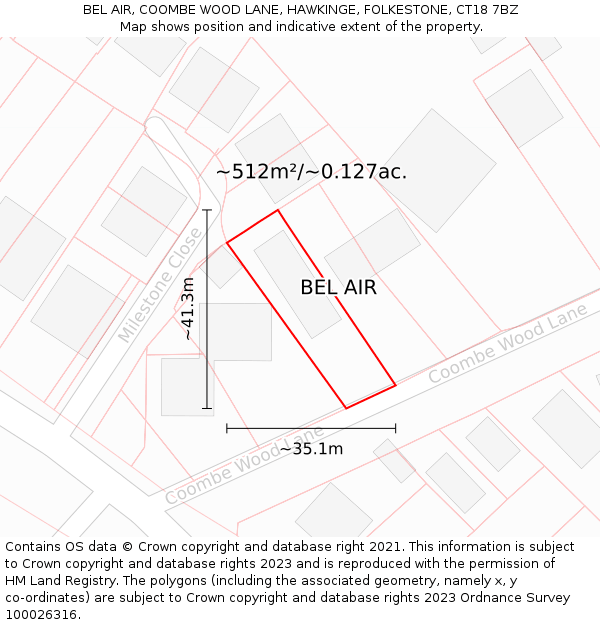 BEL AIR, COOMBE WOOD LANE, HAWKINGE, FOLKESTONE, CT18 7BZ: Plot and title map