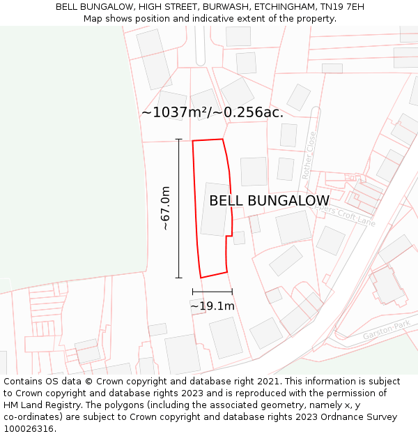 BELL BUNGALOW, HIGH STREET, BURWASH, ETCHINGHAM, TN19 7EH: Plot and title map