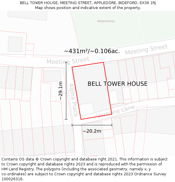 BELL TOWER HOUSE, MEETING STREET, APPLEDORE, BIDEFORD, EX39 1RJ: Plot and title map