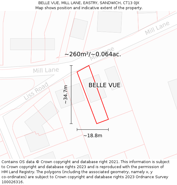 BELLE VUE, MILL LANE, EASTRY, SANDWICH, CT13 0JX: Plot and title map