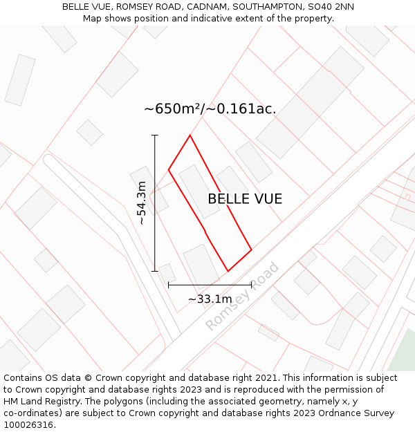 BELLE VUE, ROMSEY ROAD, CADNAM, SOUTHAMPTON, SO40 2NN: Plot and title map