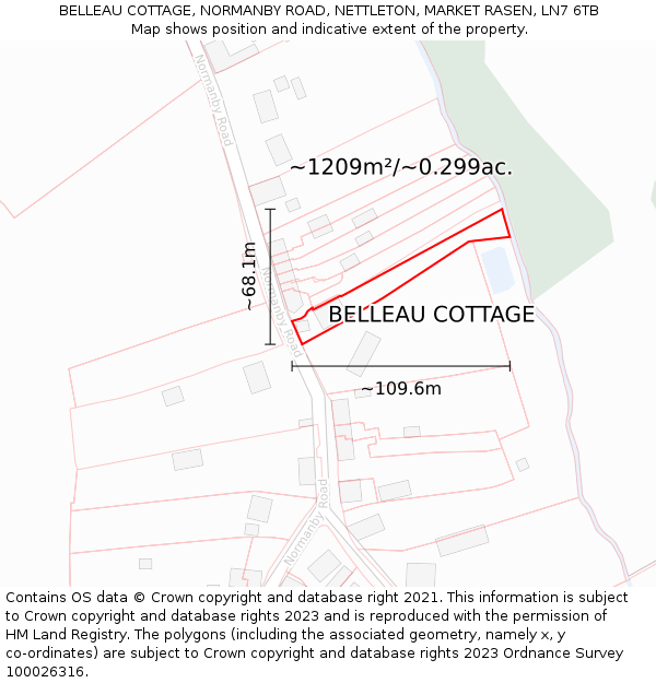 BELLEAU COTTAGE, NORMANBY ROAD, NETTLETON, MARKET RASEN, LN7 6TB: Plot and title map