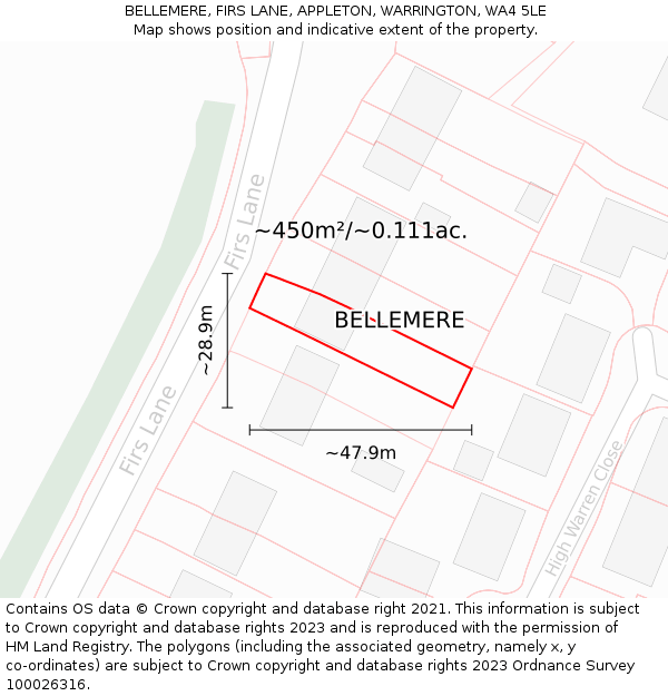 BELLEMERE, FIRS LANE, APPLETON, WARRINGTON, WA4 5LE: Plot and title map