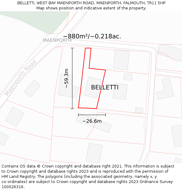 BELLETTI, WEST BAY MAENPORTH ROAD, MAENPORTH, FALMOUTH, TR11 5HP: Plot and title map