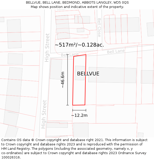 BELLVUE, BELL LANE, BEDMOND, ABBOTS LANGLEY, WD5 0QS: Plot and title map