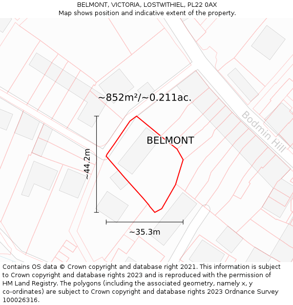 BELMONT, VICTORIA, LOSTWITHIEL, PL22 0AX: Plot and title map