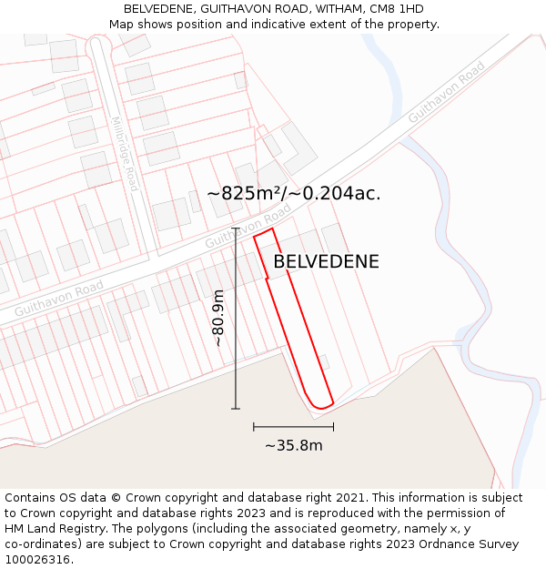 BELVEDENE, GUITHAVON ROAD, WITHAM, CM8 1HD: Plot and title map