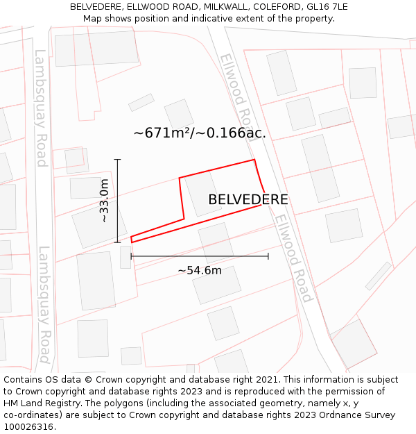 BELVEDERE, ELLWOOD ROAD, MILKWALL, COLEFORD, GL16 7LE: Plot and title map