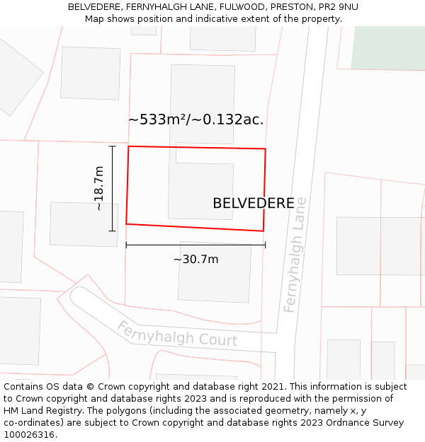 BELVEDERE, FERNYHALGH LANE, FULWOOD, PRESTON, PR2 9NU: Plot and title map