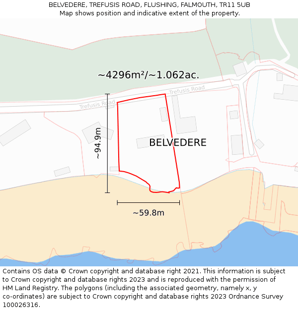 BELVEDERE, TREFUSIS ROAD, FLUSHING, FALMOUTH, TR11 5UB: Plot and title map