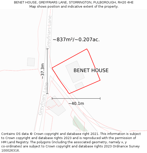 BENET HOUSE, GREYFRIARS LANE, STORRINGTON, PULBOROUGH, RH20 4HE: Plot and title map