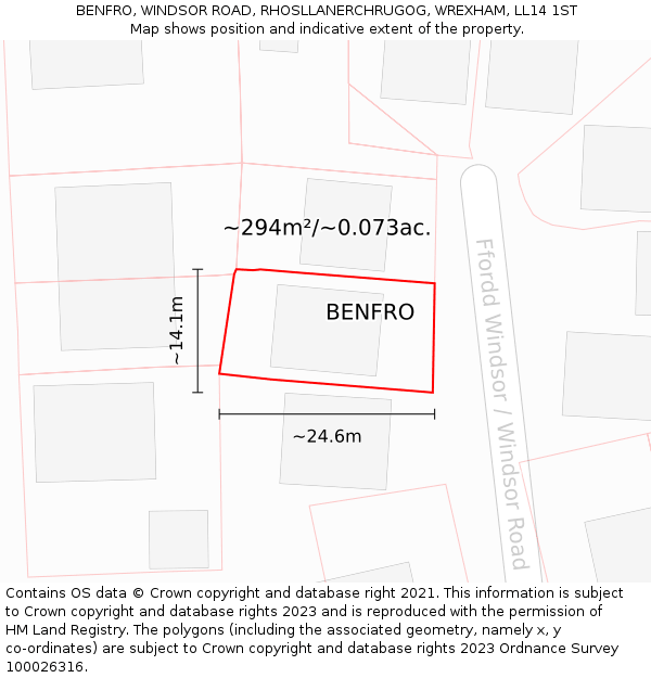 BENFRO, WINDSOR ROAD, RHOSLLANERCHRUGOG, WREXHAM, LL14 1ST: Plot and title map