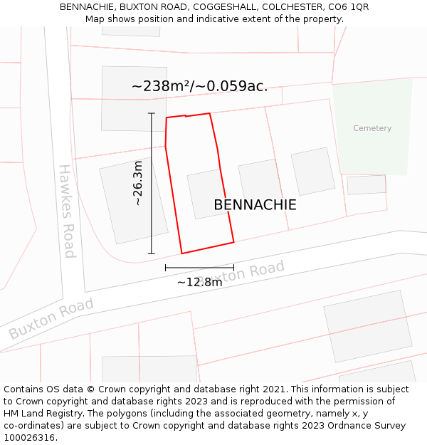 BENNACHIE, BUXTON ROAD, COGGESHALL, COLCHESTER, CO6 1QR: Plot and title map
