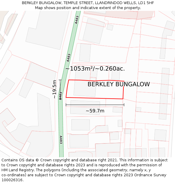 BERKLEY BUNGALOW, TEMPLE STREET, LLANDRINDOD WELLS, LD1 5HF: Plot and title map