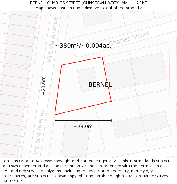 BERNEL, CHARLES STREET, JOHNSTOWN, WREXHAM, LL14 1NT: Plot and title map