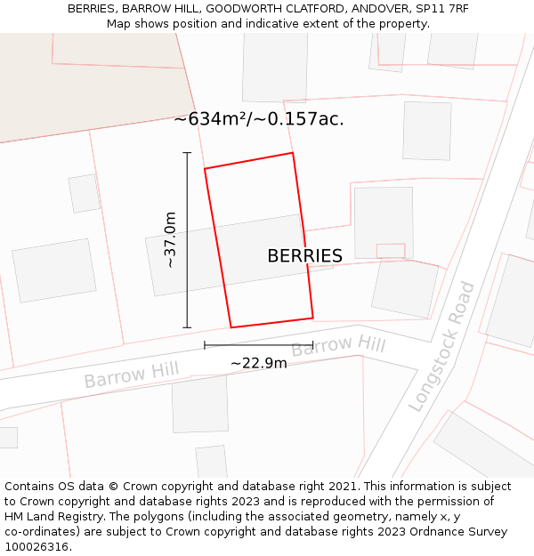 BERRIES, BARROW HILL, GOODWORTH CLATFORD, ANDOVER, SP11 7RF: Plot and title map