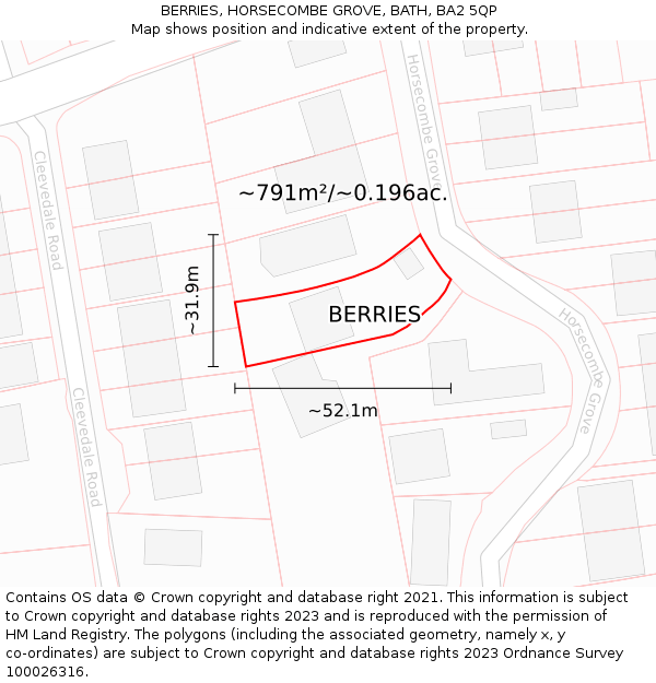 BERRIES, HORSECOMBE GROVE, BATH, BA2 5QP: Plot and title map