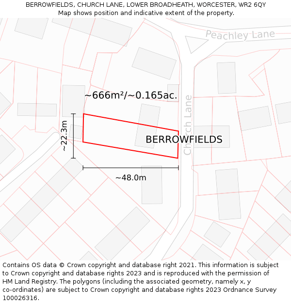 BERROWFIELDS, CHURCH LANE, LOWER BROADHEATH, WORCESTER, WR2 6QY: Plot and title map