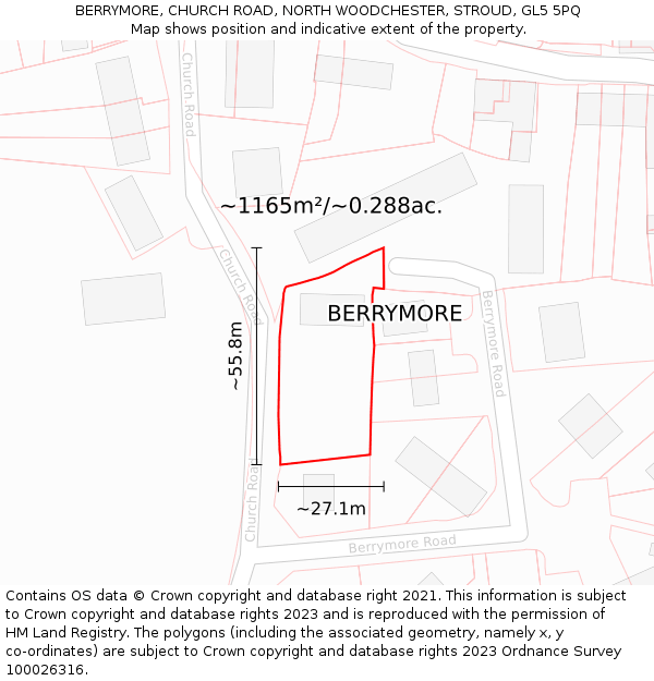 BERRYMORE, CHURCH ROAD, NORTH WOODCHESTER, STROUD, GL5 5PQ: Plot and title map