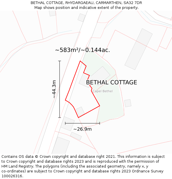 BETHAL COTTAGE, RHYDARGAEAU, CARMARTHEN, SA32 7DR: Plot and title map