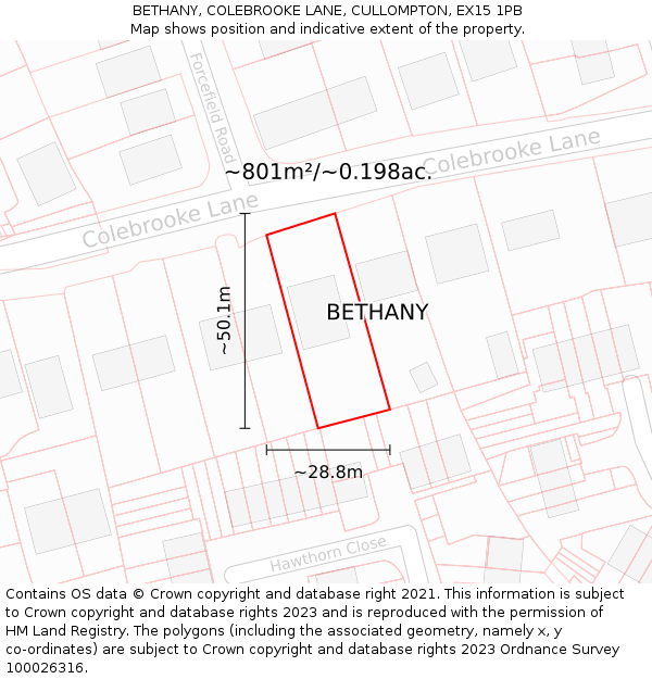 BETHANY, COLEBROOKE LANE, CULLOMPTON, EX15 1PB: Plot and title map