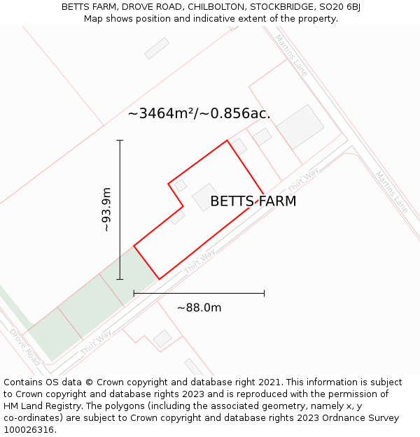 BETTS FARM, DROVE ROAD, CHILBOLTON, STOCKBRIDGE, SO20 6BJ: Plot and title map