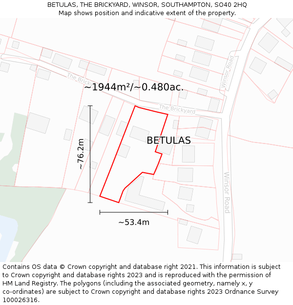 BETULAS, THE BRICKYARD, WINSOR, SOUTHAMPTON, SO40 2HQ: Plot and title map